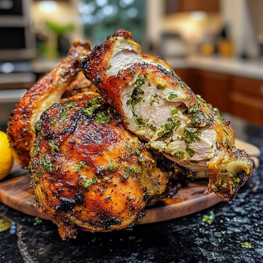 Pollo asado festivo con hierbas y cítricos de temporada