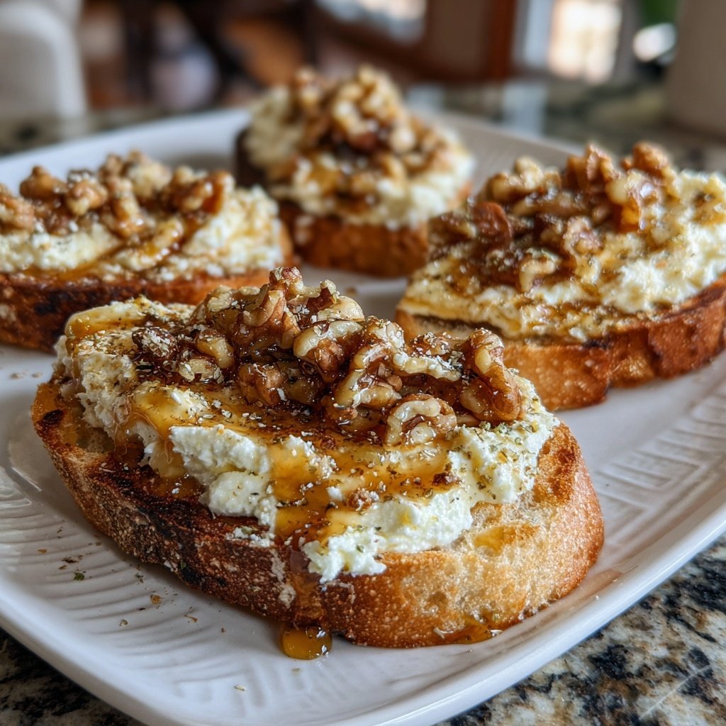 Crostini de ricotta batida con nueces y miel salada