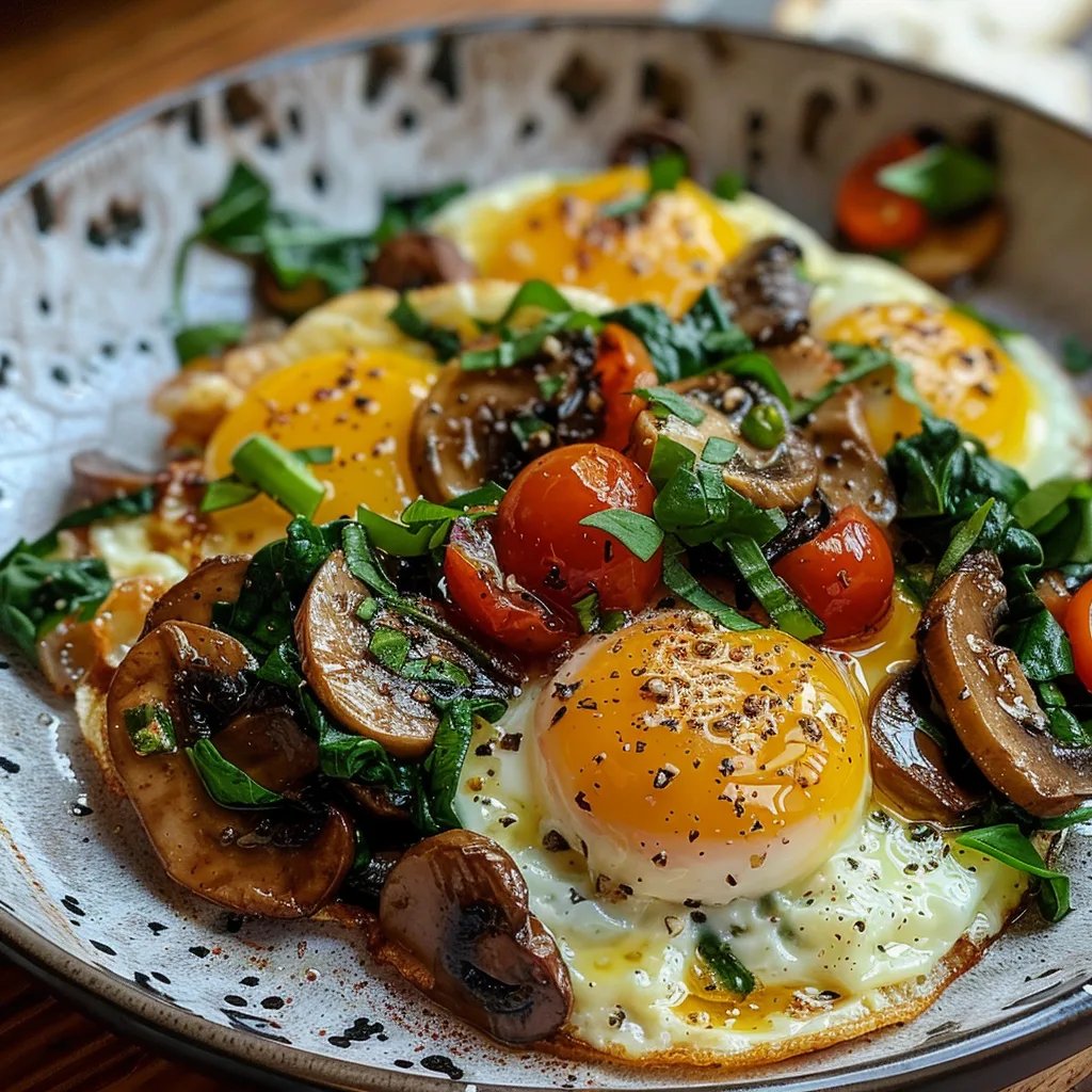 Huevos revueltos con champiñones y espinacas