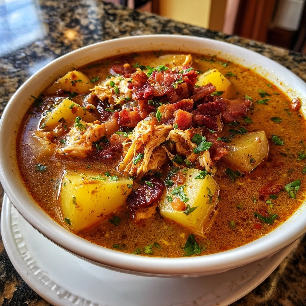 Sopa pollo papas con tocino