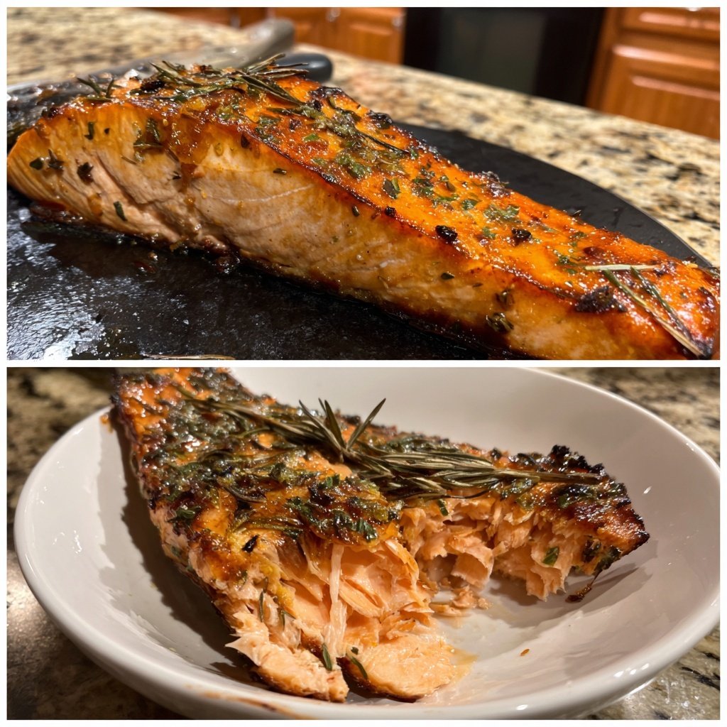 Salmón asado lento naranja hinojo