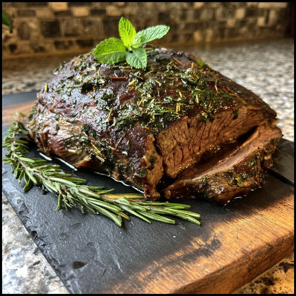 Cordero asado jugo romero menta