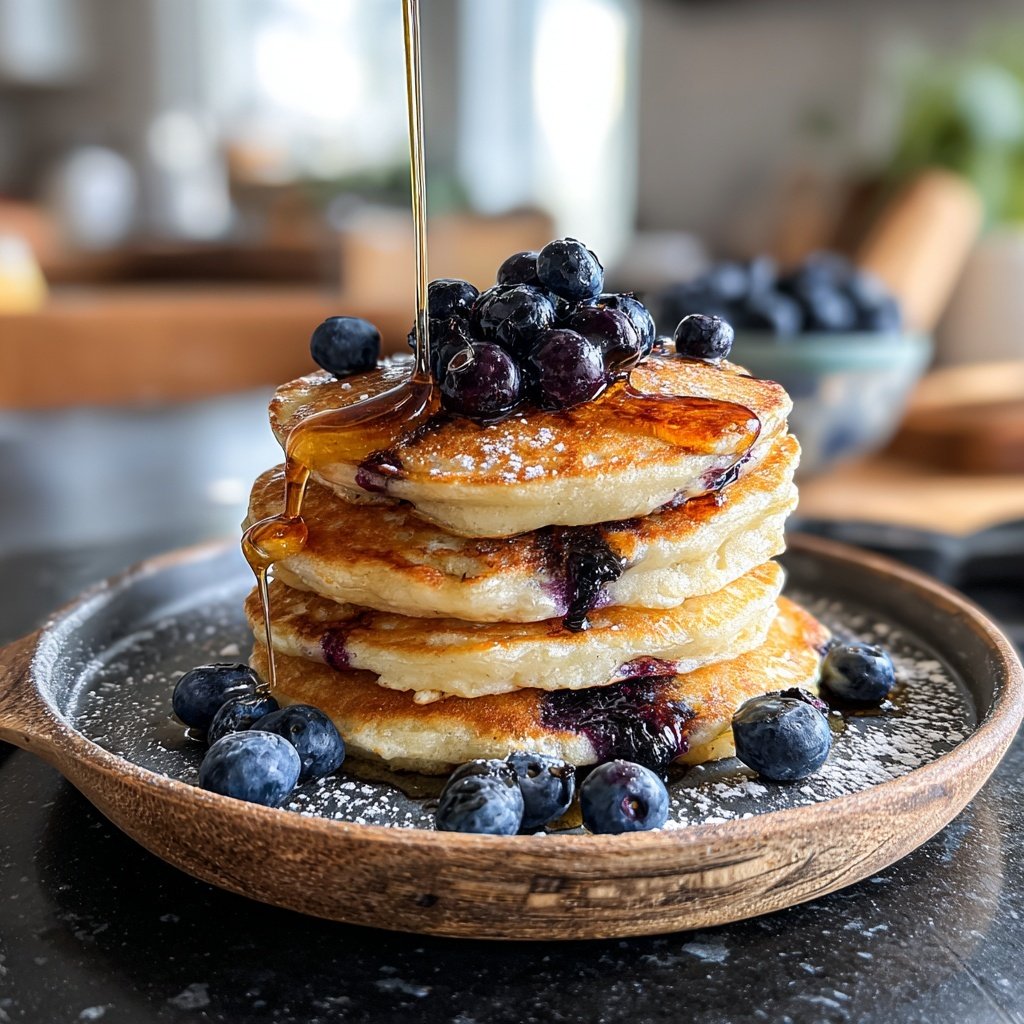 Torres de pancakes de masa madre con arándanos