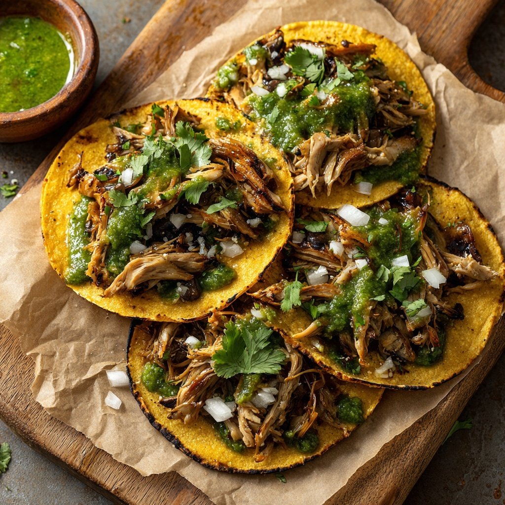 Tacos hongos desmenuzados salsa verde