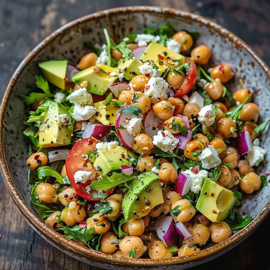 Ensalada de garbanzos, feta y aguacate